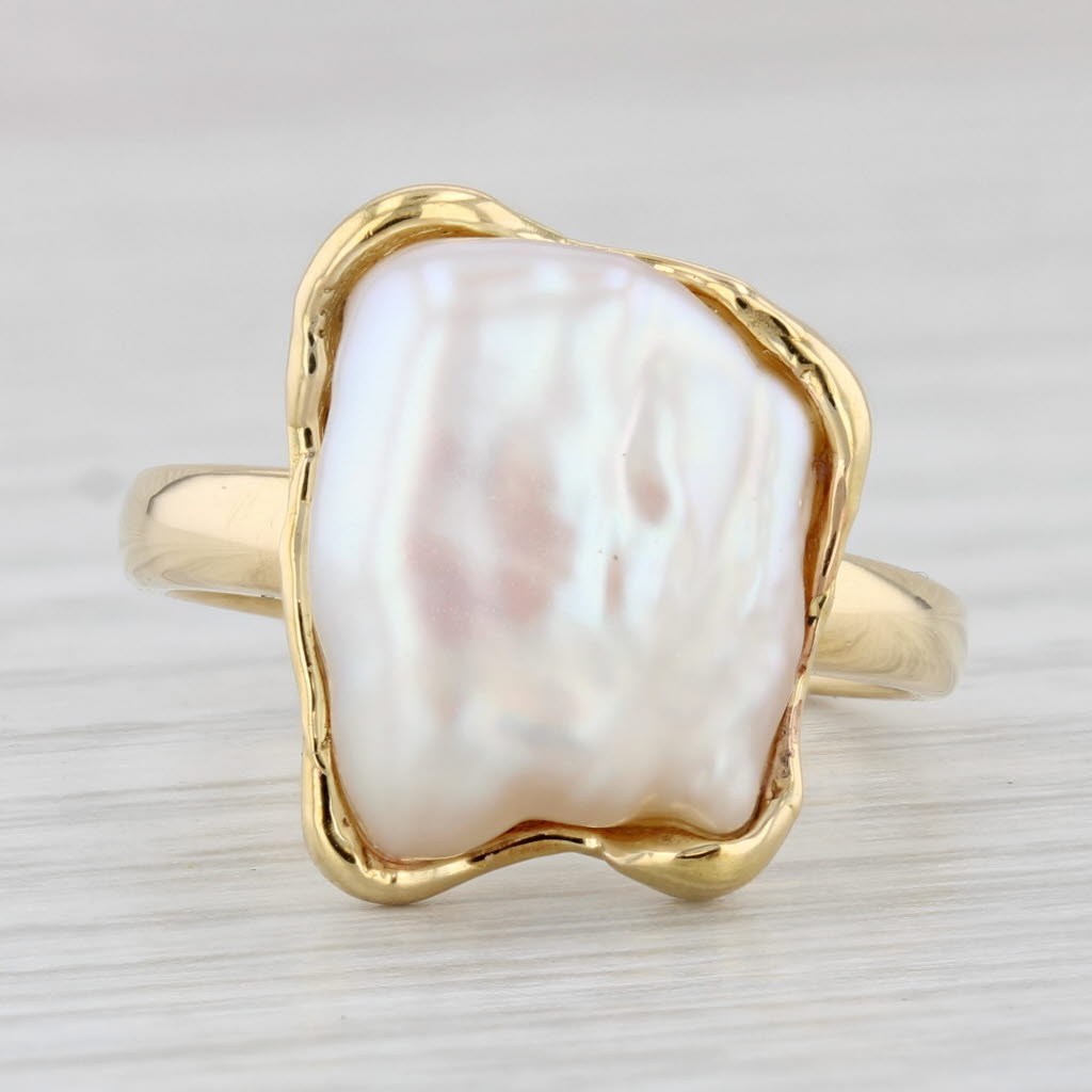 Light Gray Baroque Cultured Pearl Ring 18k Yellow Gold Size 7