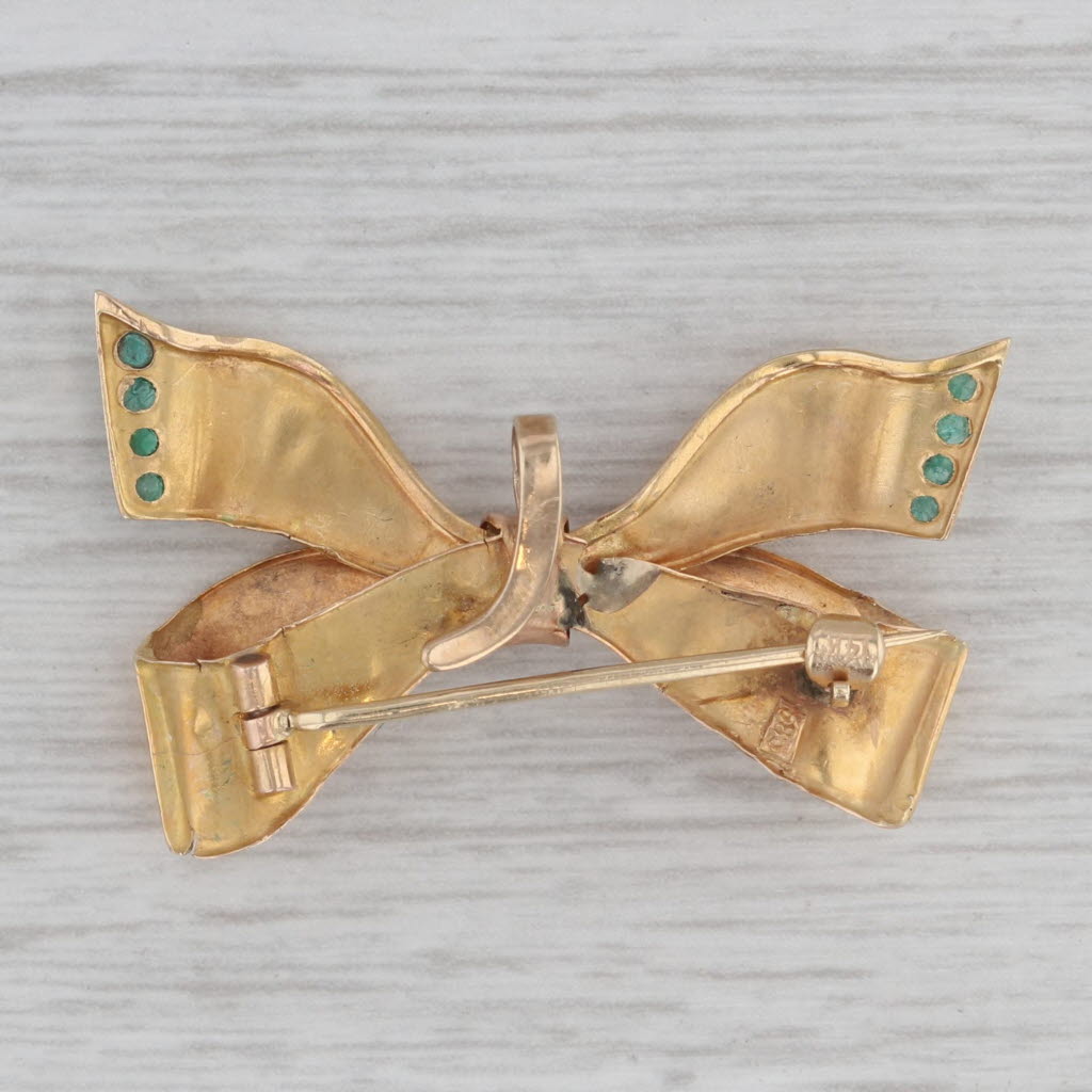 Gray Antique Bow Brooch 14k Yellow Gold 0.15ctw Emerald 1800s Pin