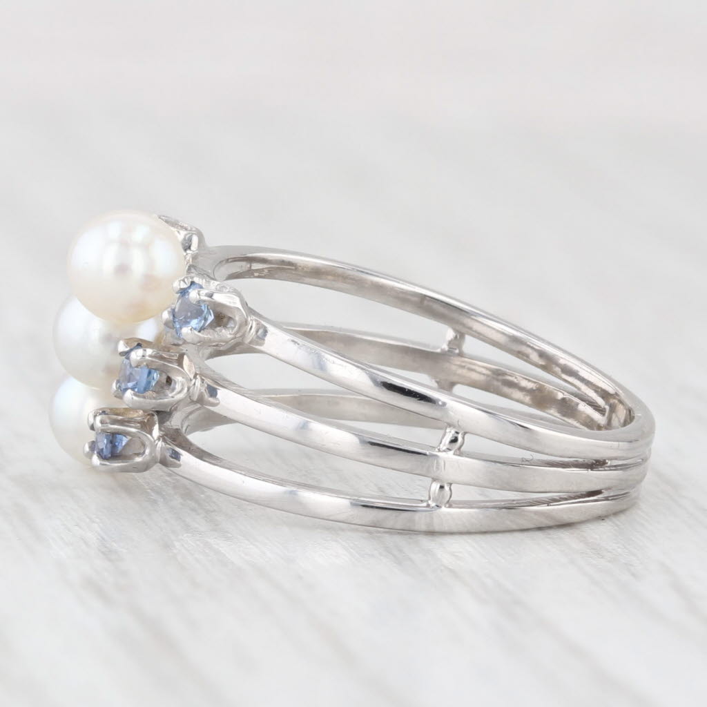 Light Gray Cultured Pearl 0.30ctw Blue Sapphire Multiband Ring 14k White Gold Size 5.75