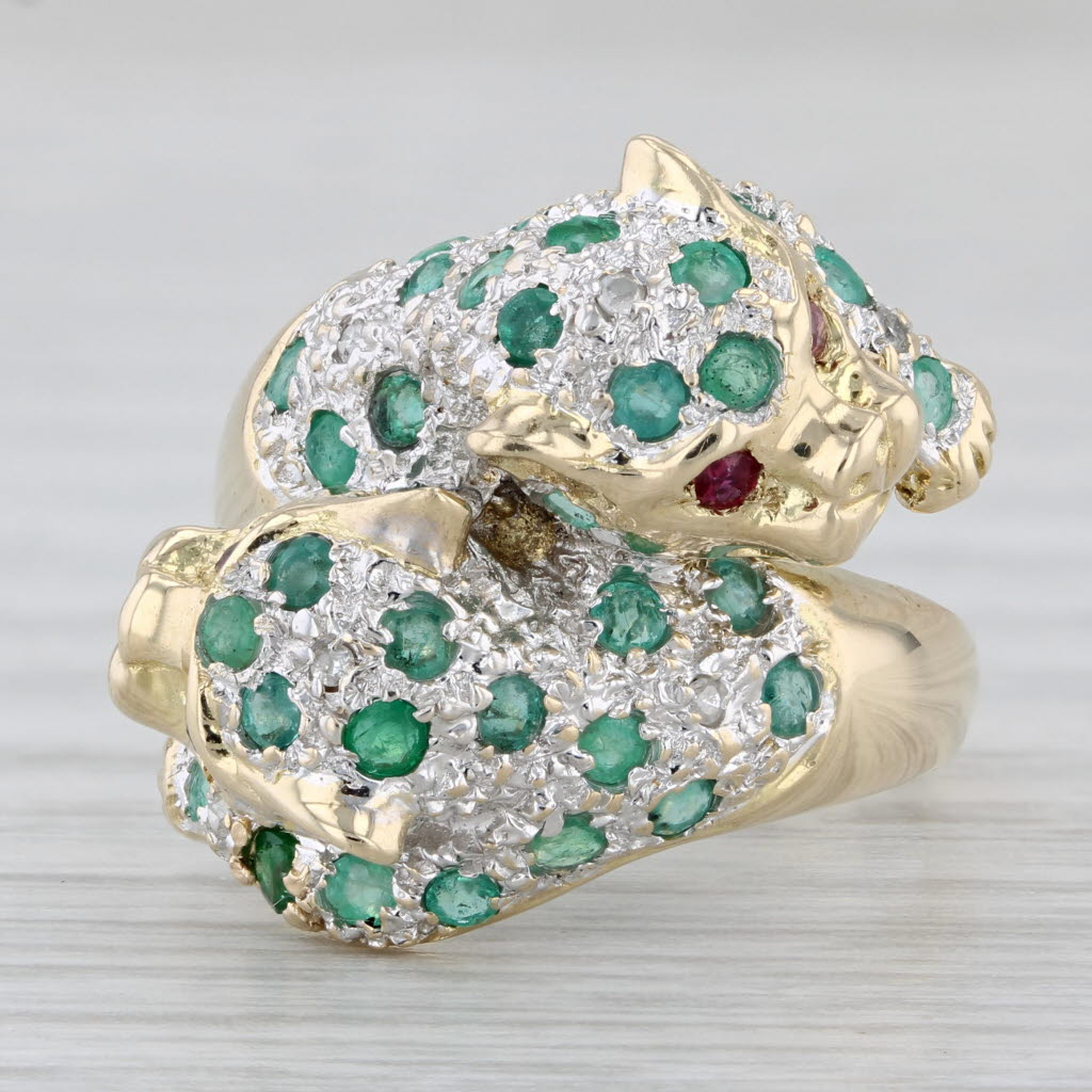 Gray 0.76ctw Emerald Ruby Diamond Panther Ring 14k Yellow Gold Size 6.5
