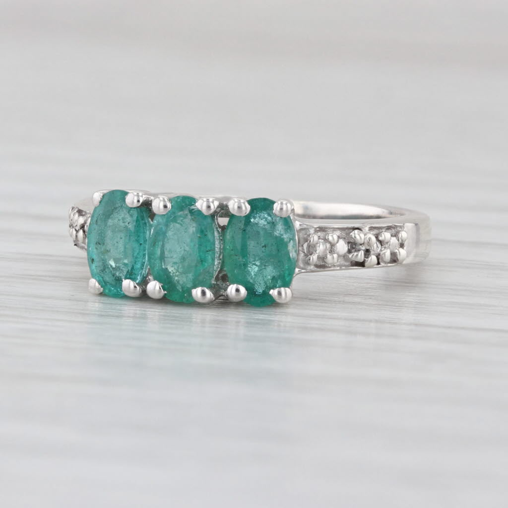 1.05ctw 3-Stone Emerald Ring Sterling Silver Diamond Accents Size 6 COA