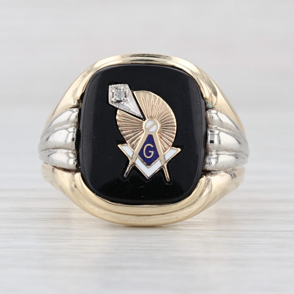 Masonic Signet Onyx Diamond Ring 10k Gold Size 9.75 Blue Lodge Square Compass