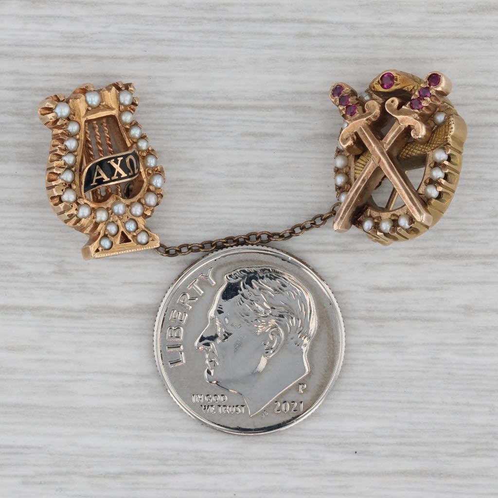 Gray Vintage Alpha Chi Omega Theta Chi Sweetheart Badge Set 14k Gold Pearl Pins