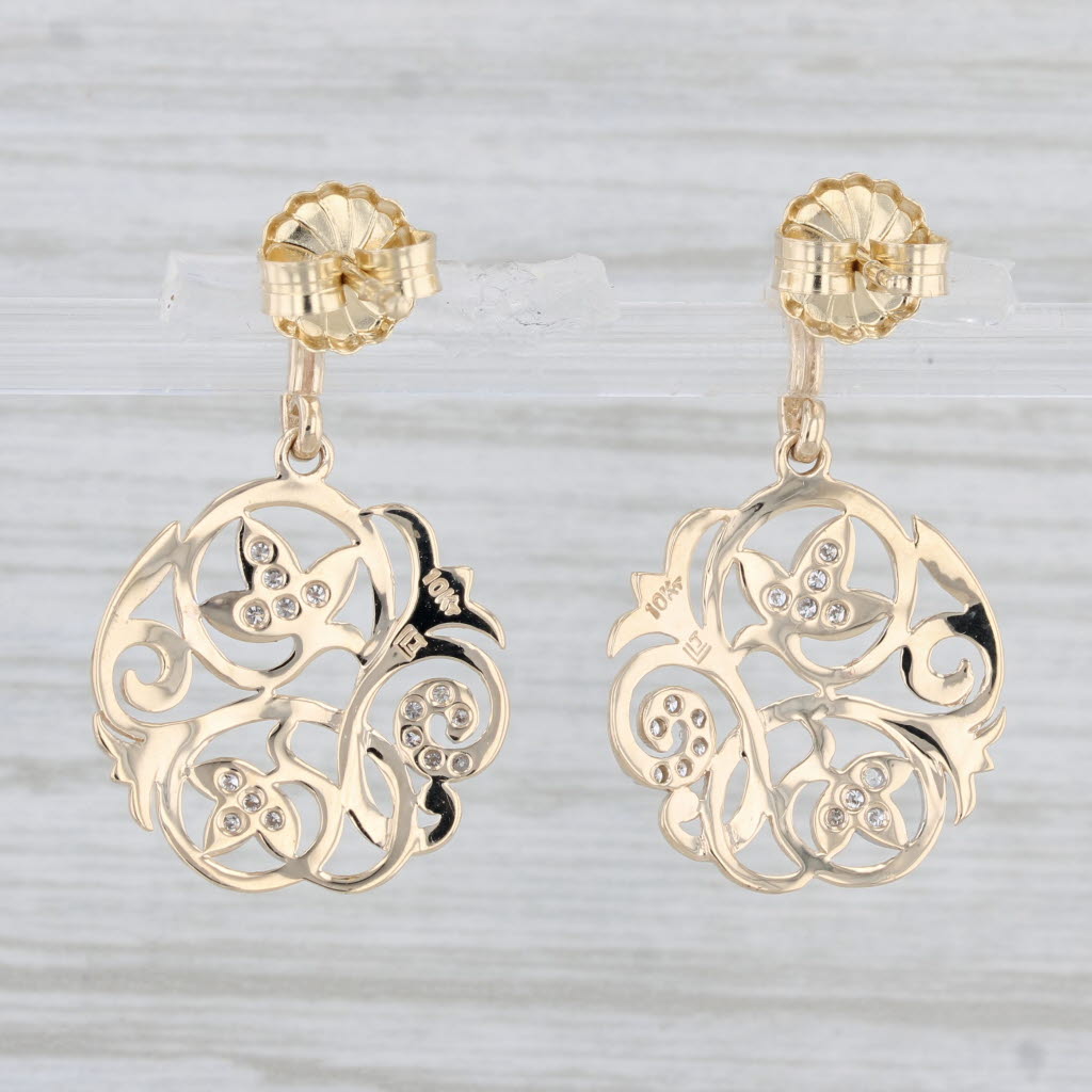 Light Gray Diamond Flower Openwork Dangle Earrings 10k Yellow Gold Drops