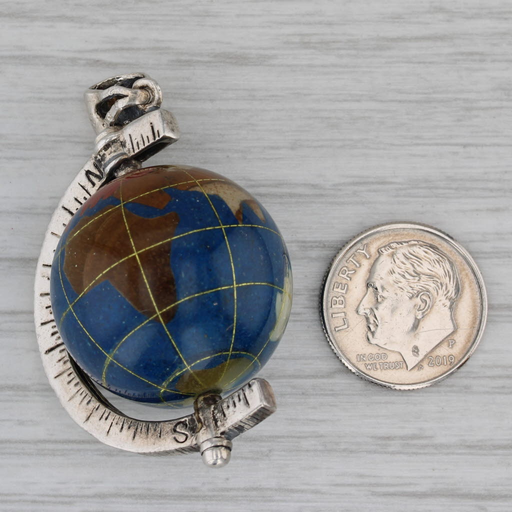 Gray Large Globe with Compass Pendant Sterling Silver Multi-stone Mosaic Spins
