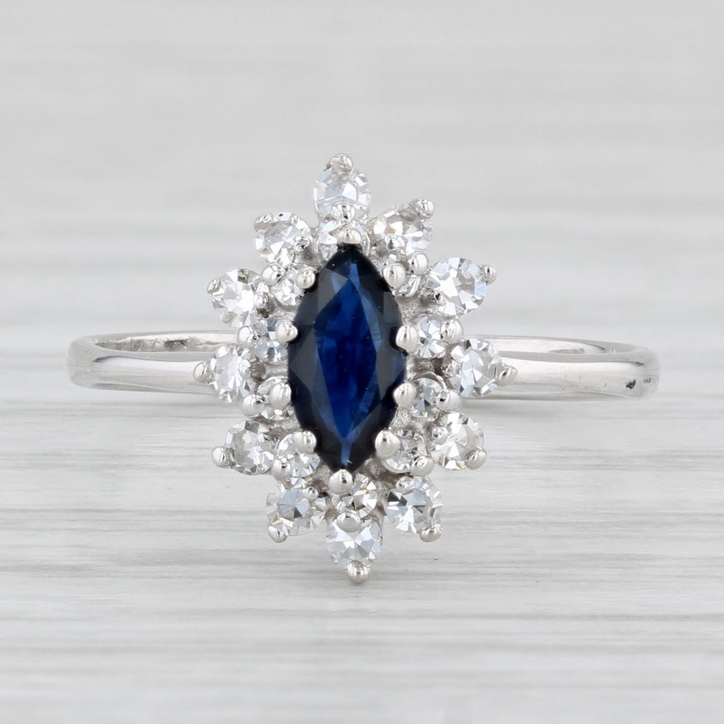 Light Gray 0.80ctw Marquise Blue Sapphire Diamond Halo Ring 14k Gold Size 6.5 Engagement