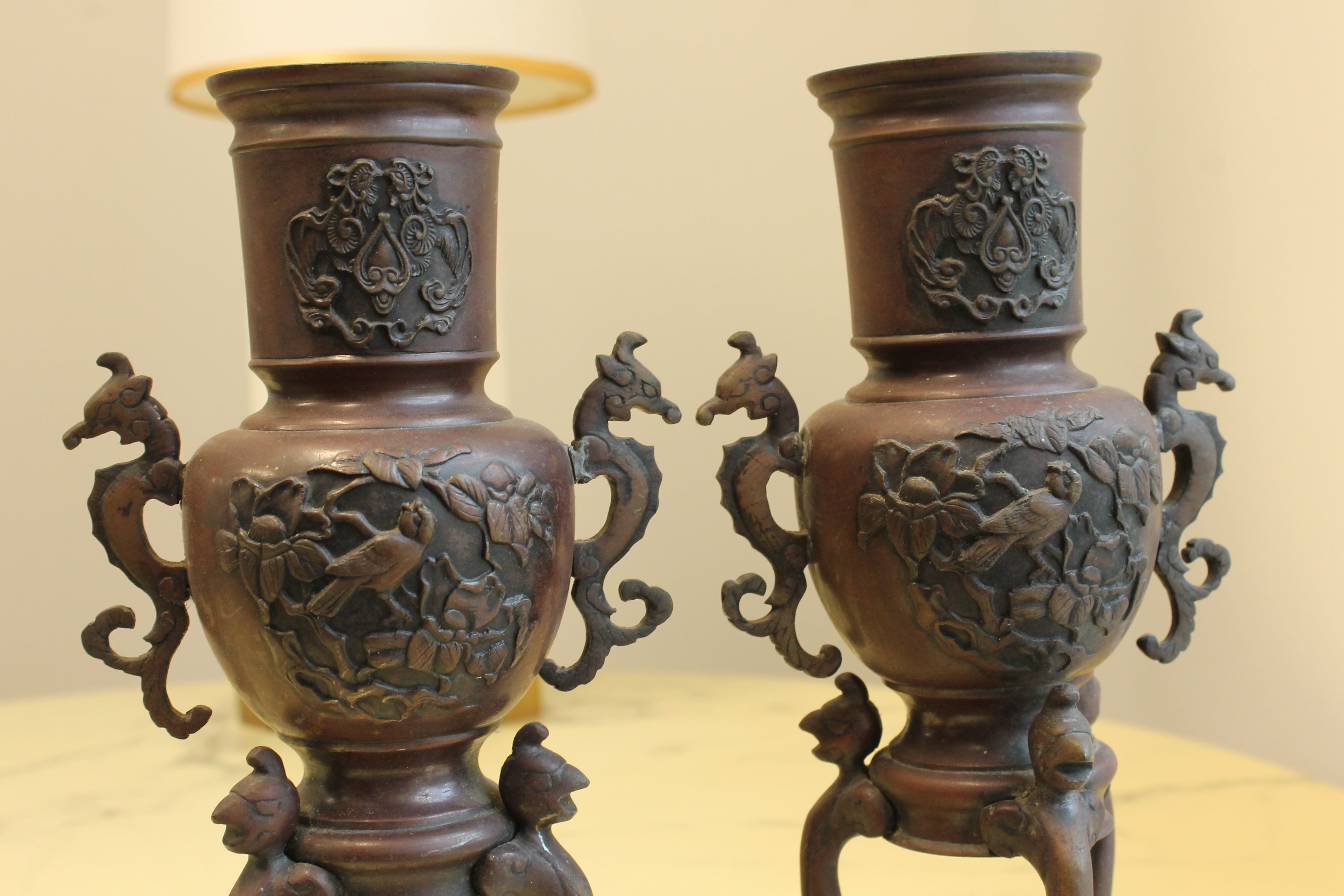 Antique Japanese Bronze Decorative Urns Pair 11" Bird Motif Seahorse Handles