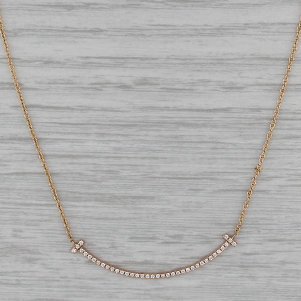 Tiffany 0.20ctw Diamond T Smile Necklace w/ Pouch 18k Rose Gold Cable Chain