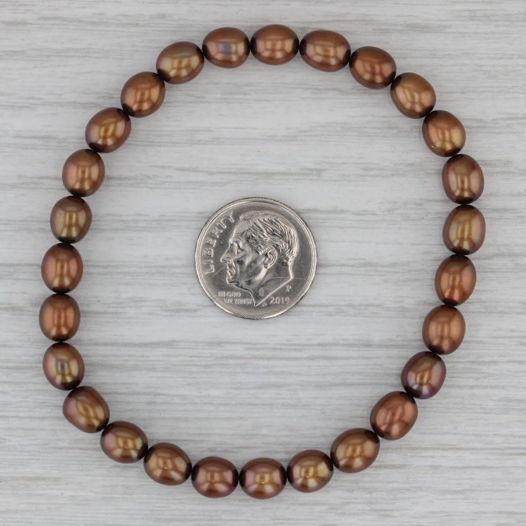 Gray Bronze Brown Cultured Pearl Single Strand Bead Bracelet 7" Stretch Band