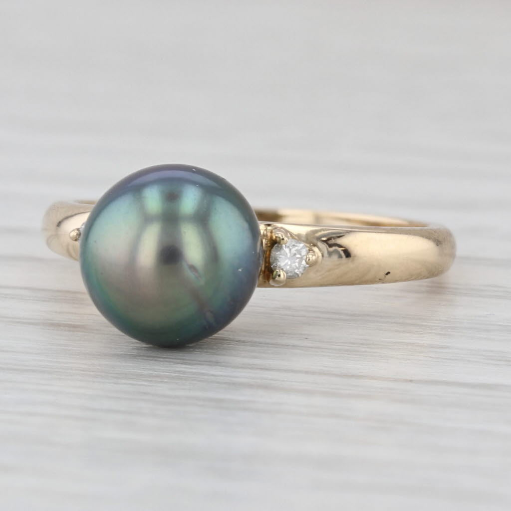 8.6mm Black Cultured Pearl Diamond Ring 14k Yellow Gold Size 7.25