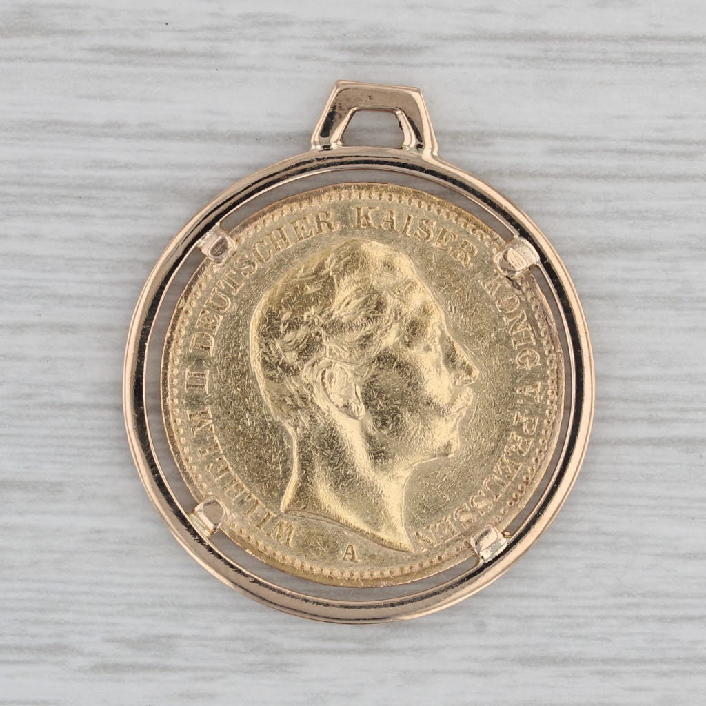 Gray German Empire 1890 20 Mark Prussia Gold Coin Pendant 18k bezel 900 Coin
