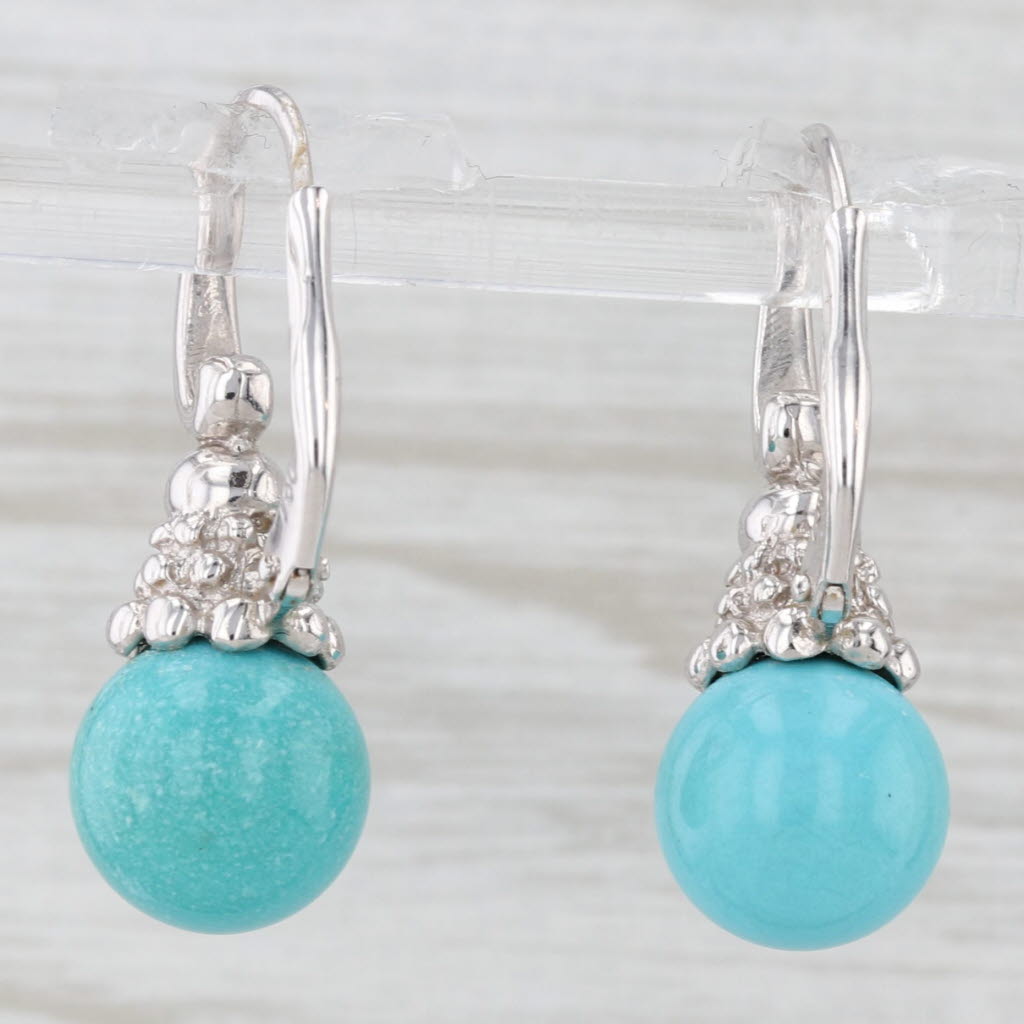 Light Gray Turquoise Bead Drop Earrings 18k White Gold Lever Backs Diamond Accents
