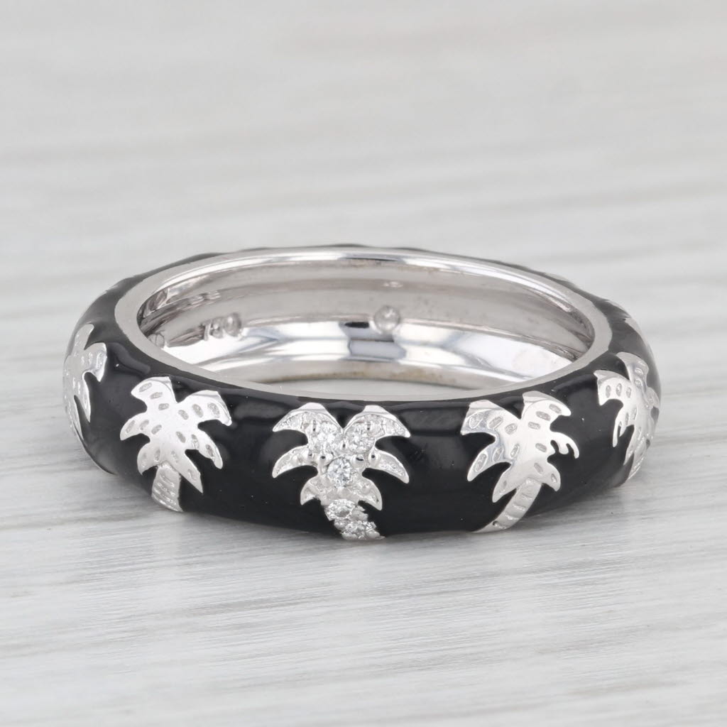 Hidalgo Palm Tree Stackable Ring 18k White Gold Black Enamel Band
