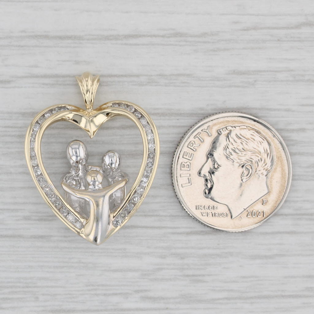 Gray 0.15ctw Diamond Family Heart Pendant 10k Yellow White Gold Parents & Child