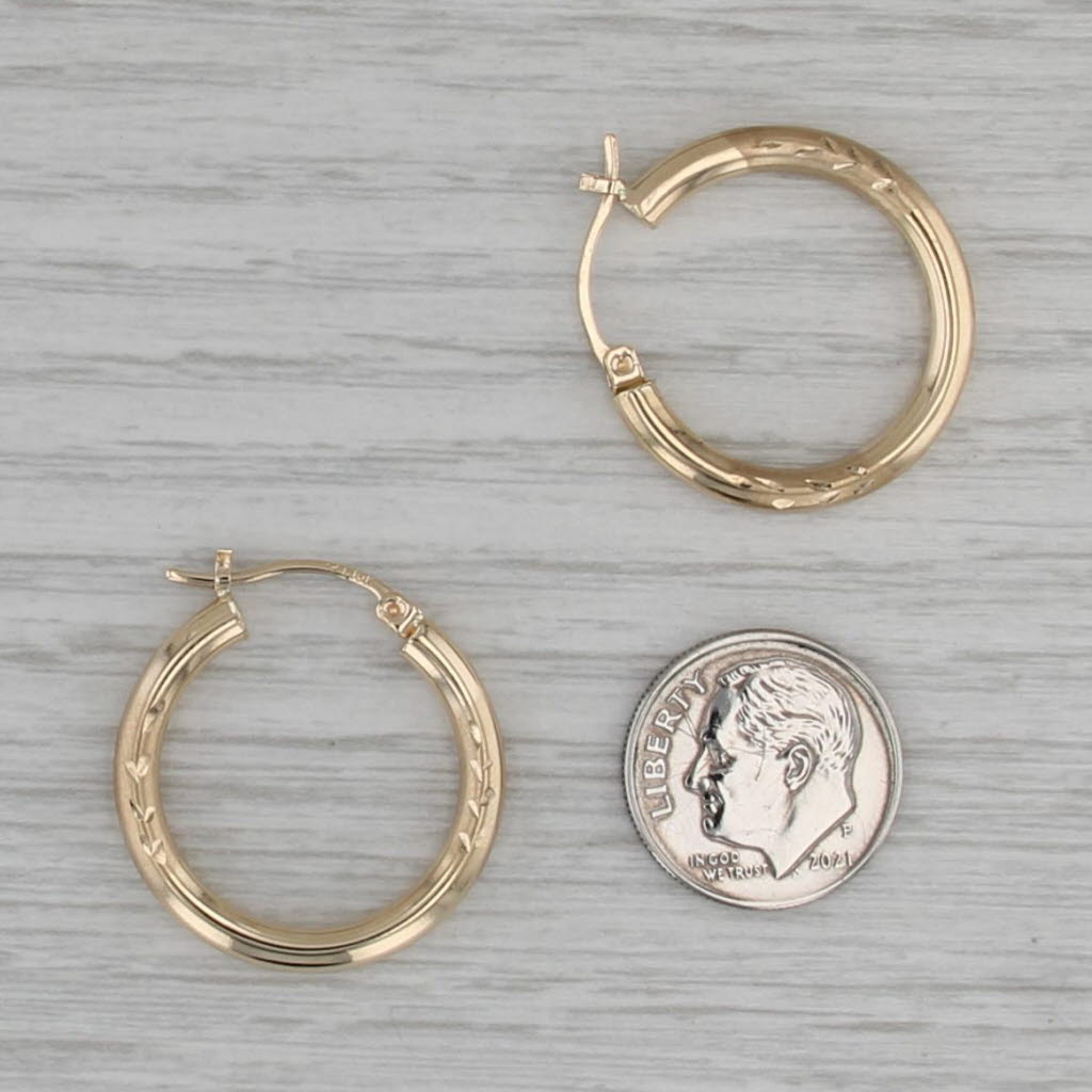 Vine Etched Pattern Hoop Earrings 10k Yellow Gold Snap Top Round Hoops