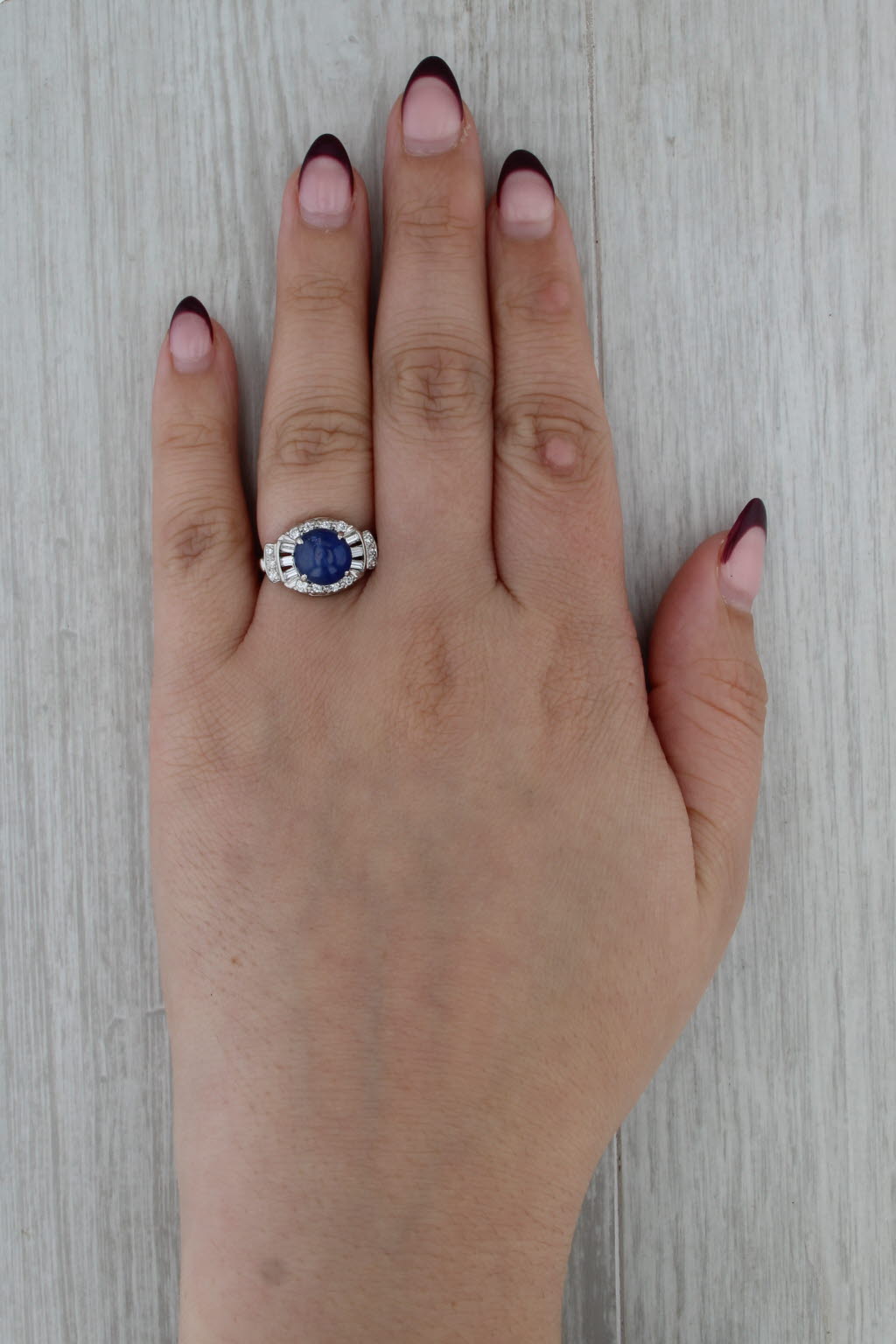 Blue Star Sapphire Cabochon Diamond Halo Ring 14k White Gold Size 5.75