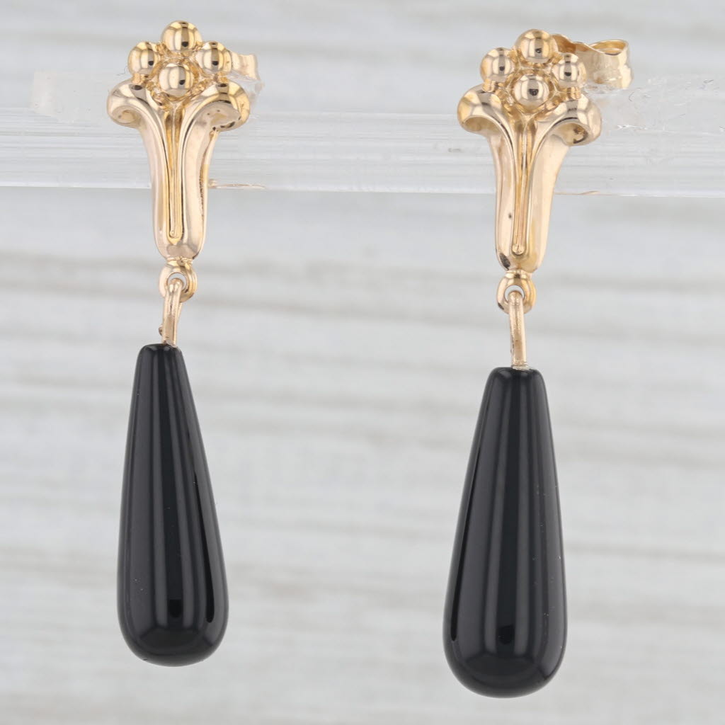 Light Gray Onyx Teardrop Dangle Floral Earrings 14k Yellow Gold