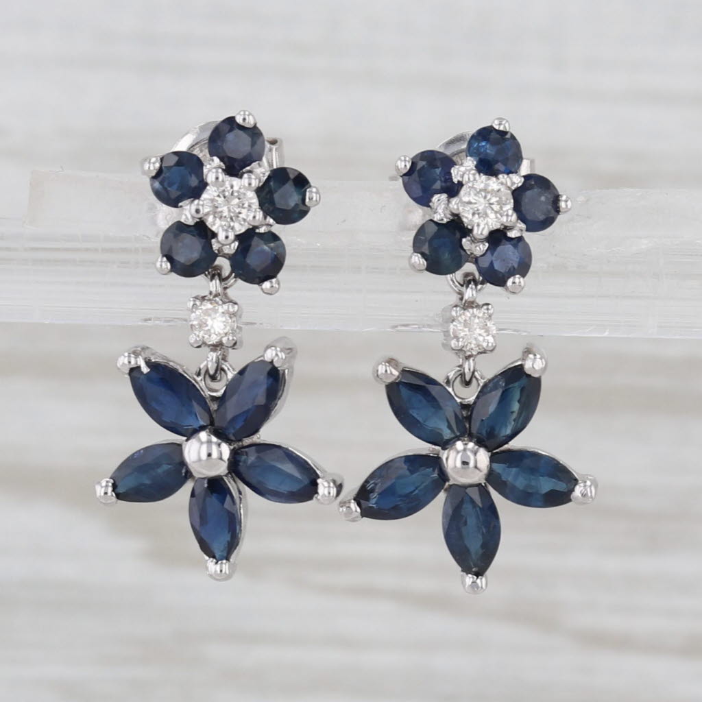 2ctw Blue Sapphire Diamond Flower Dangle Earrings 14k White Gold Drops