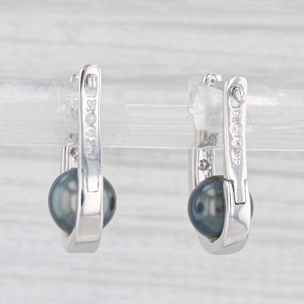 Light Gray Cultured Black Pearl Diamond J-Hook Earrings 14k White Gold Snap Top