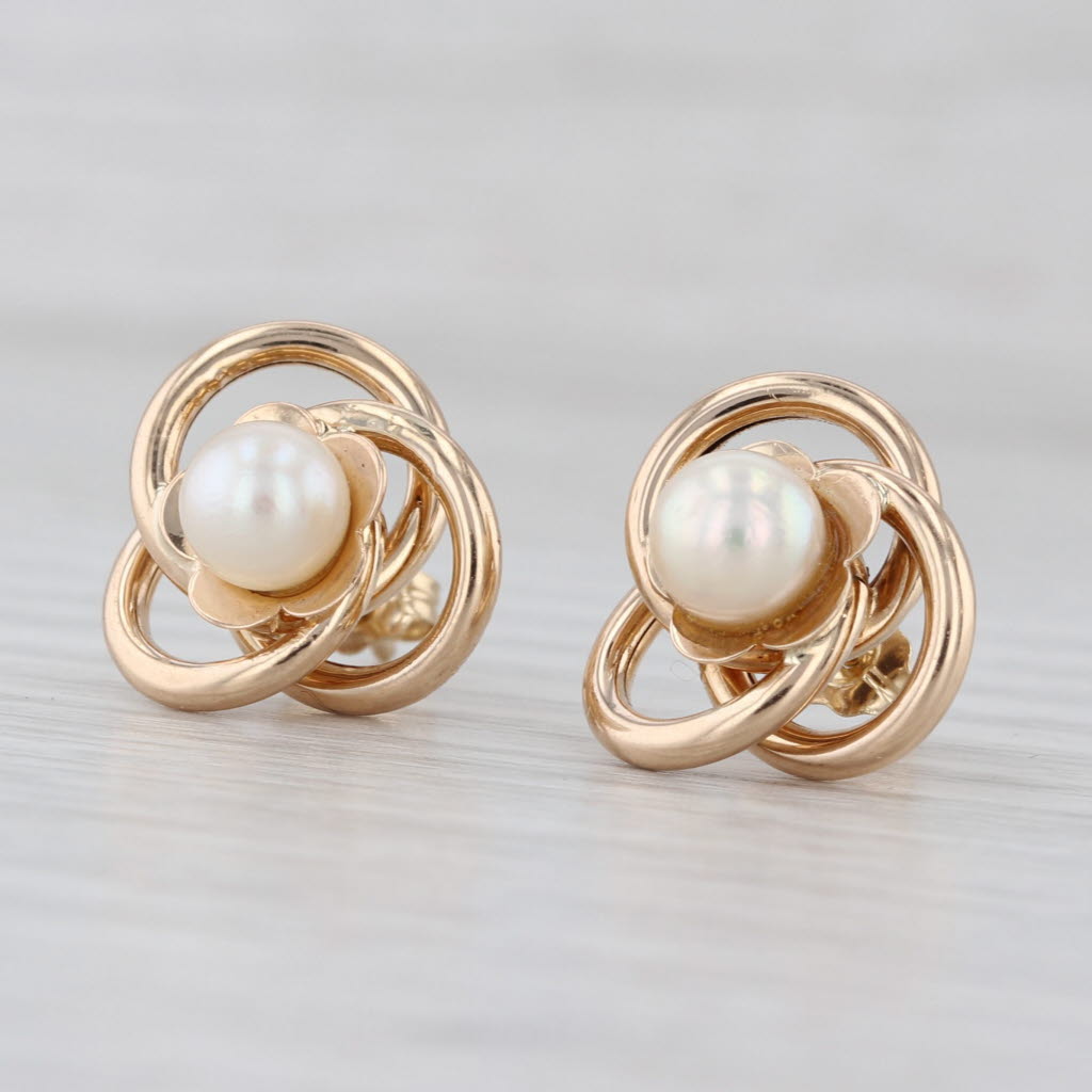Cultured Pearl Knot Stud Earrings 14k Yellow Gold