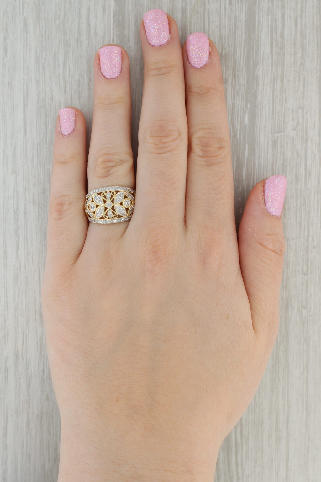 Dark Gray Diamond Flower Ring 14k Yellow Gold Size 9 Floral Cocktail