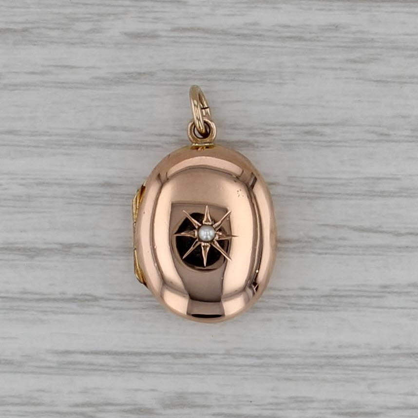 Vintage 9k Rose Gold Seed Pearl Locket Pendant Charm Fob Opens