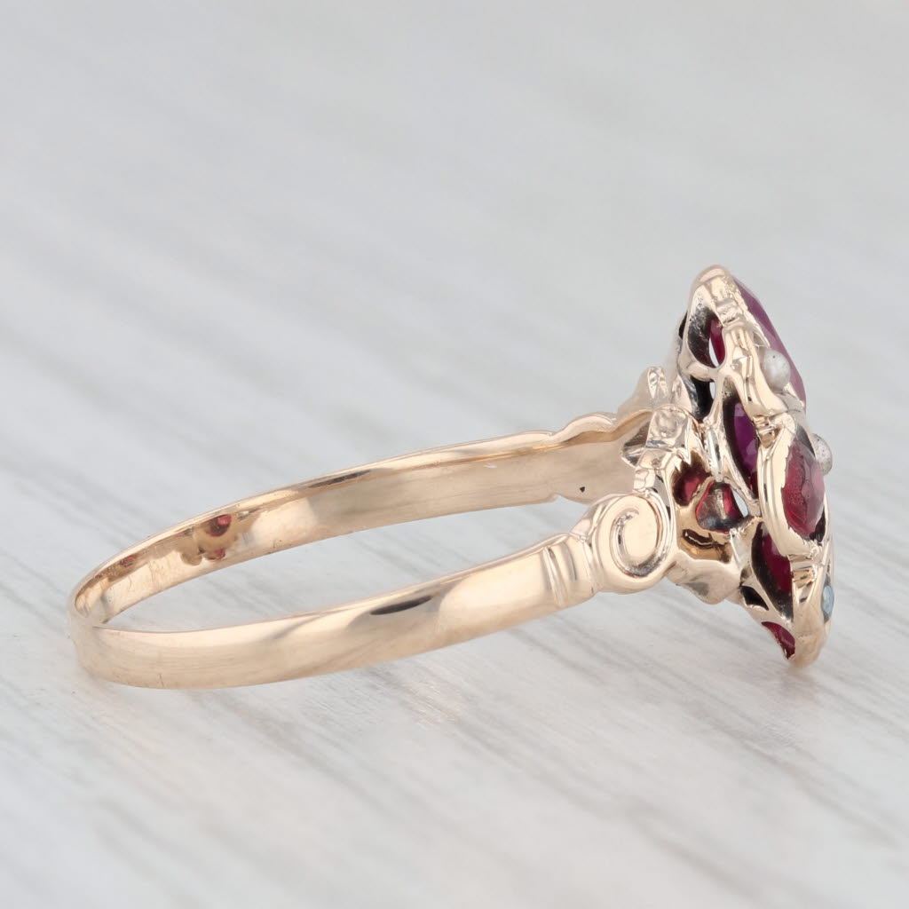 Light Gray Antique Ruby Garnet Pearl Flower Ring 10k Yellow Gold Size 8.25