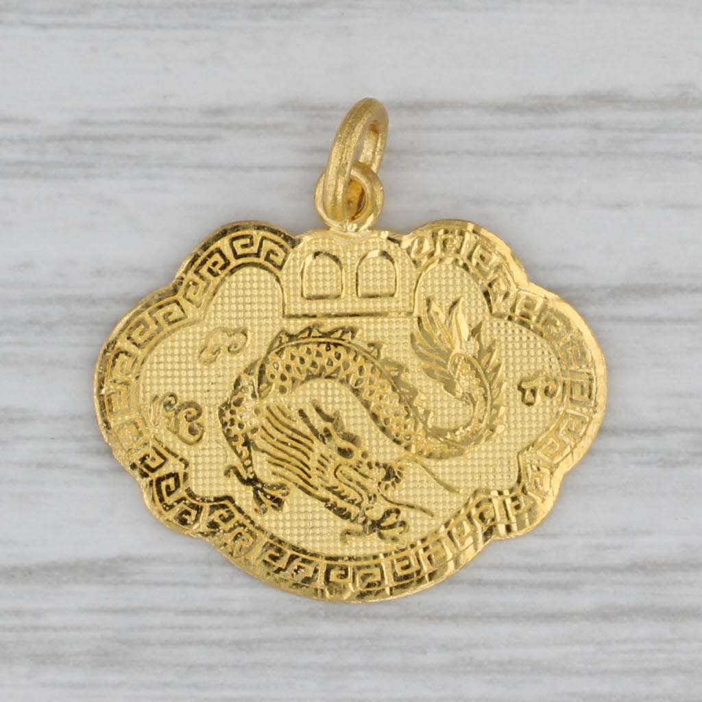 Gray Chinese Dragon Calligraphy Pendant 24k Yellow Gold Charm