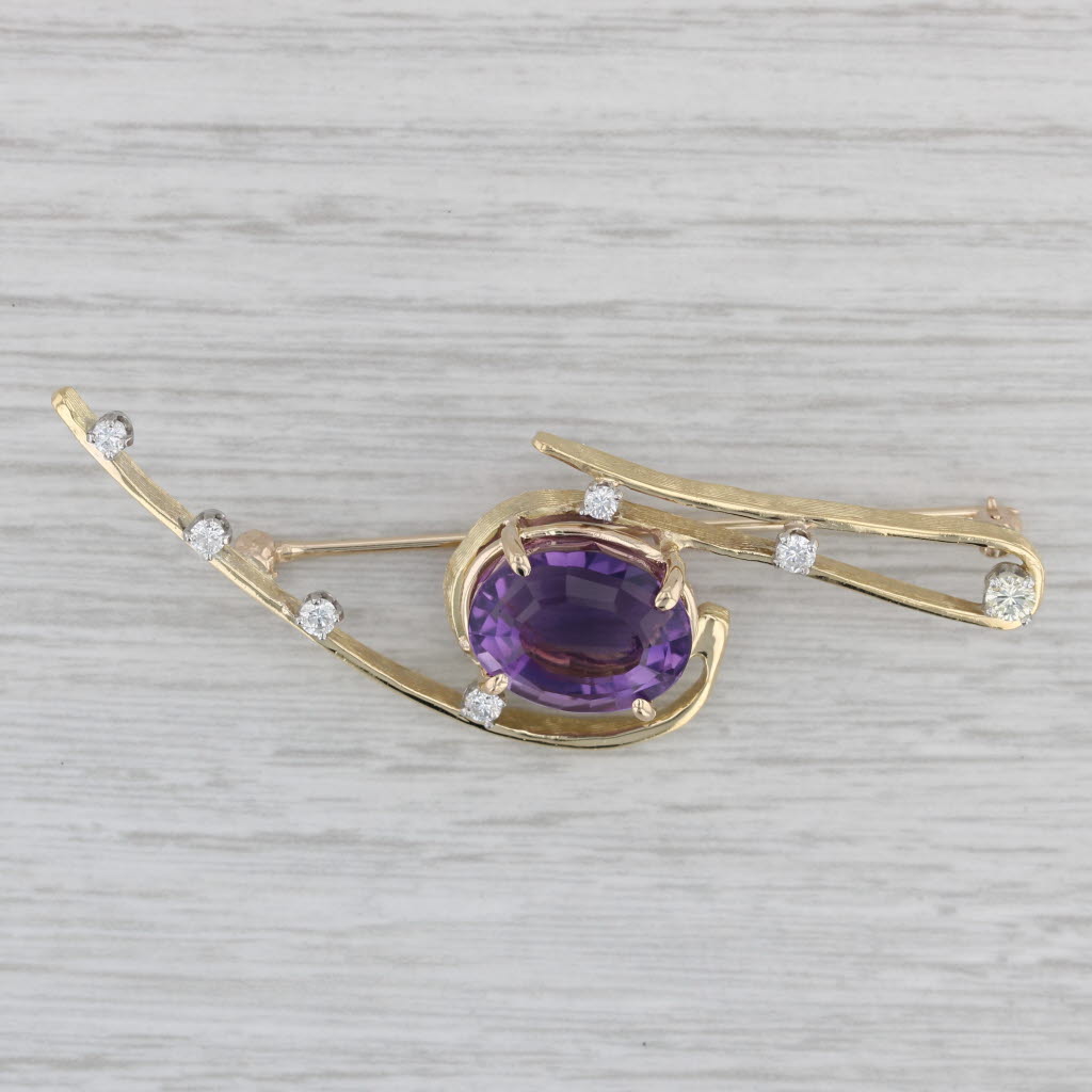 Gray 4.15ctw Amethyst Diamond Brooch 18k Yellow Gold Vintage Statement Pin