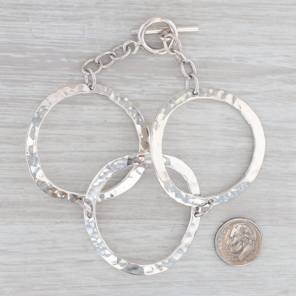 Gray Hammered Large Circle Link Statement Bracelet Sterling Silver 7.25"