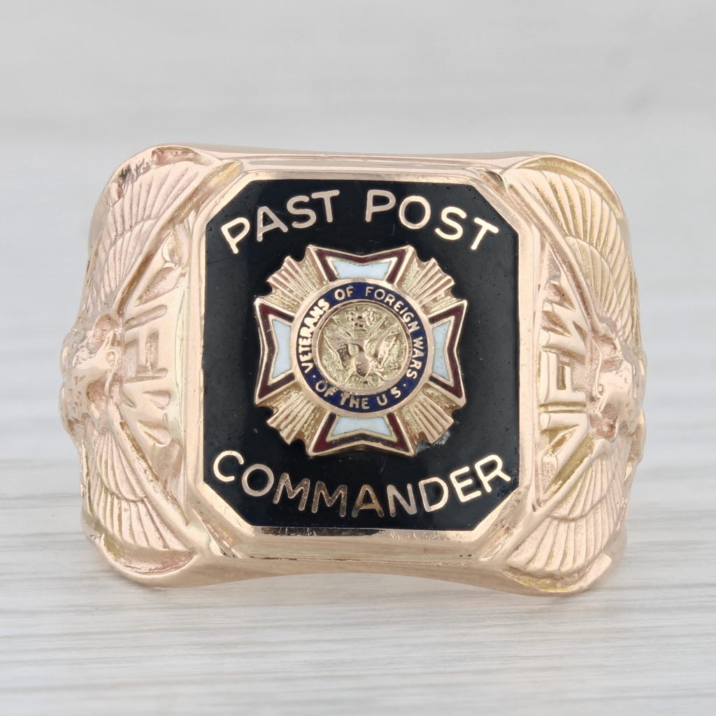 Gray VFW Past Post Commander Cross Signet Ring 10k Gold Veterans Foreign Wars