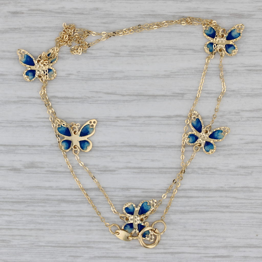 Gray New Butterfly Station Cable Chain Necklace 14k Yellow Gold Enamel 18"