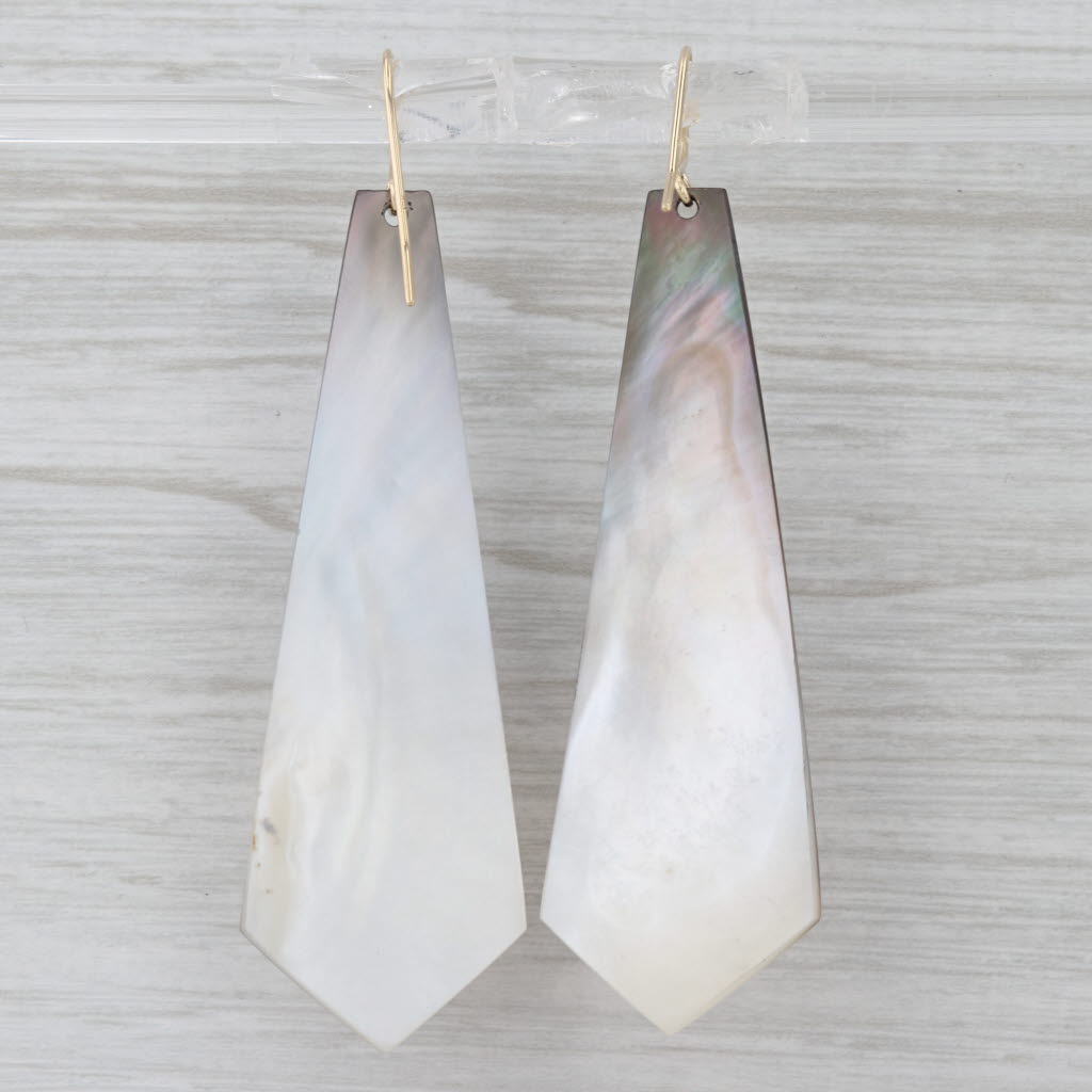 Ornate Carved Mother of Pearl Drop Earrings 14k Yellow Gold Hook Posts Dangles
