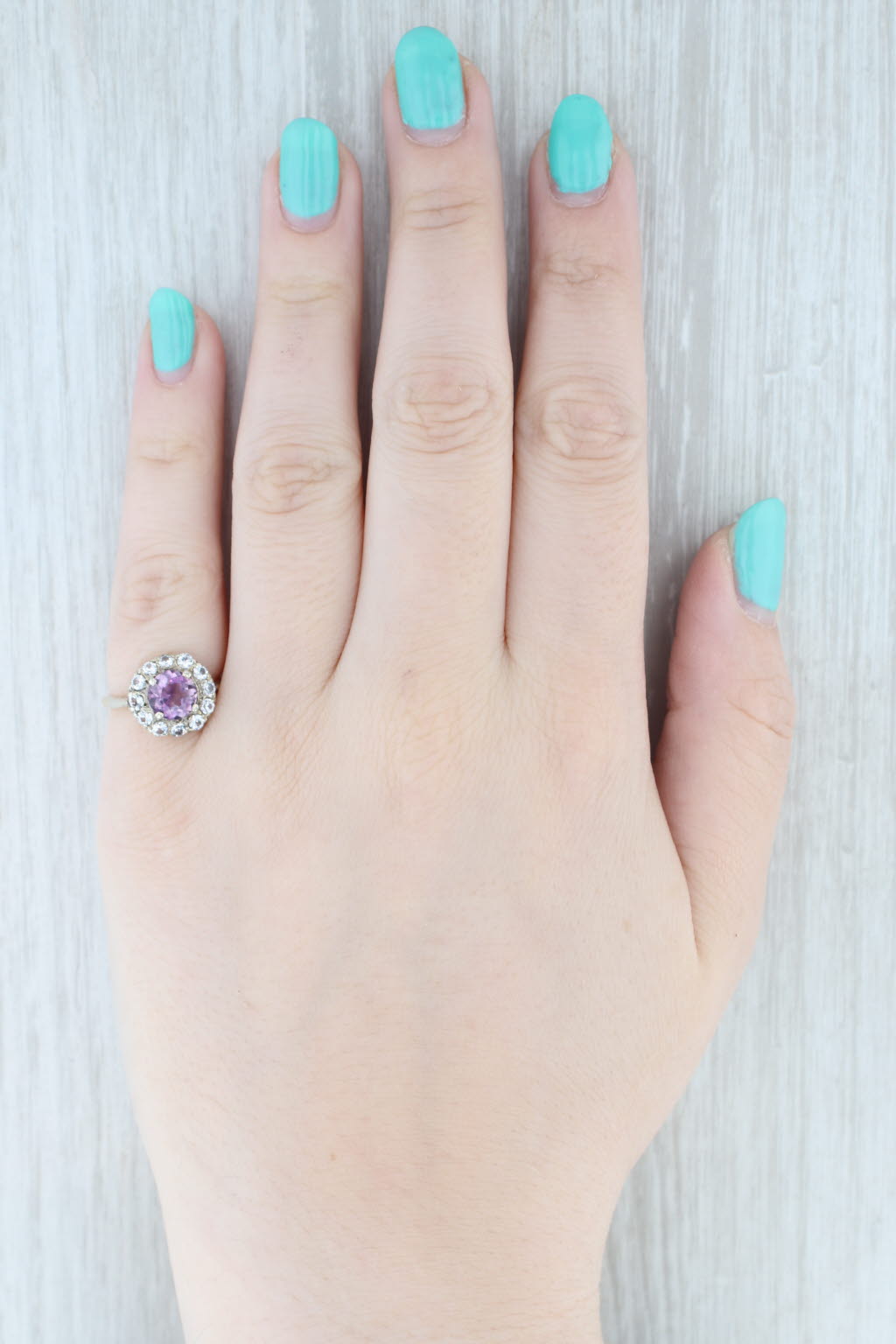 Vintage 1.15ct Amethyst Glass Halo Ring 9k White Yellow Gold Size 5.5