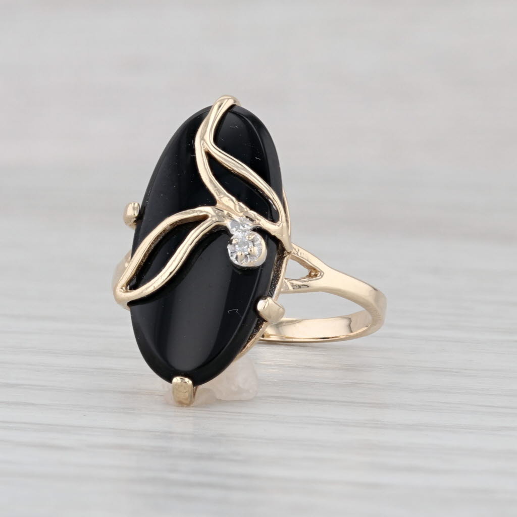 Vintage Onyx Diamond Flower Ring 10k Yellow Gold Size 7