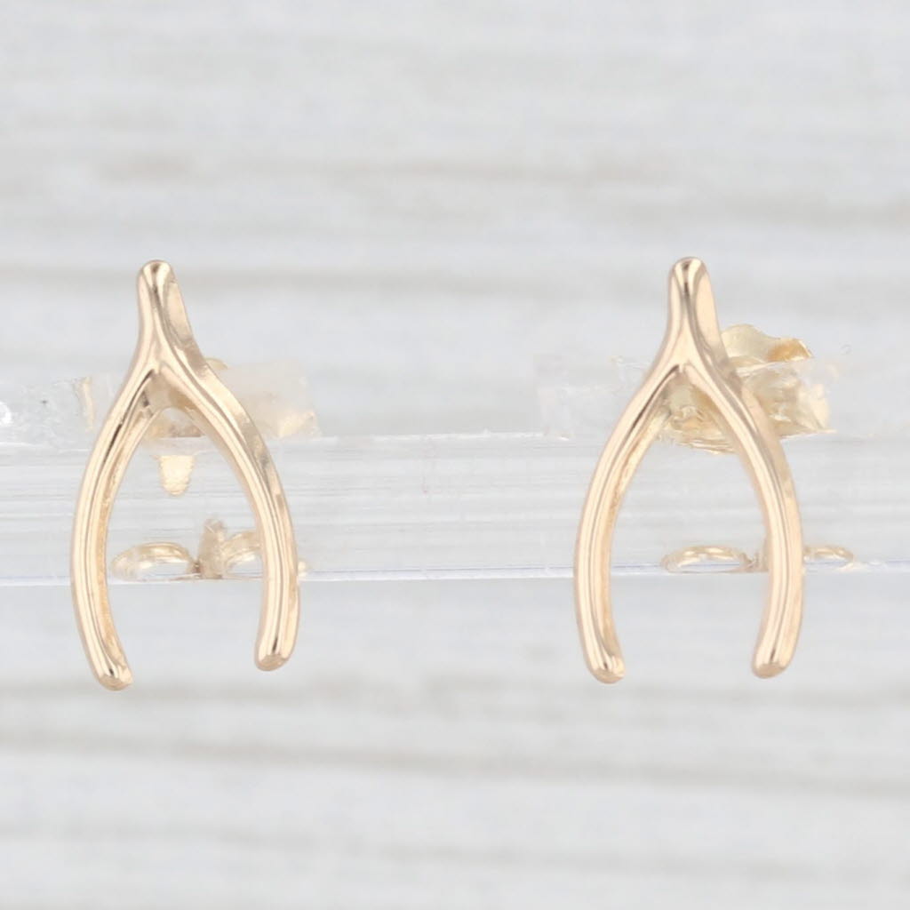 Light Gray Small Wishbone Stud Earrings 14k Yellow Gold Good Luck
