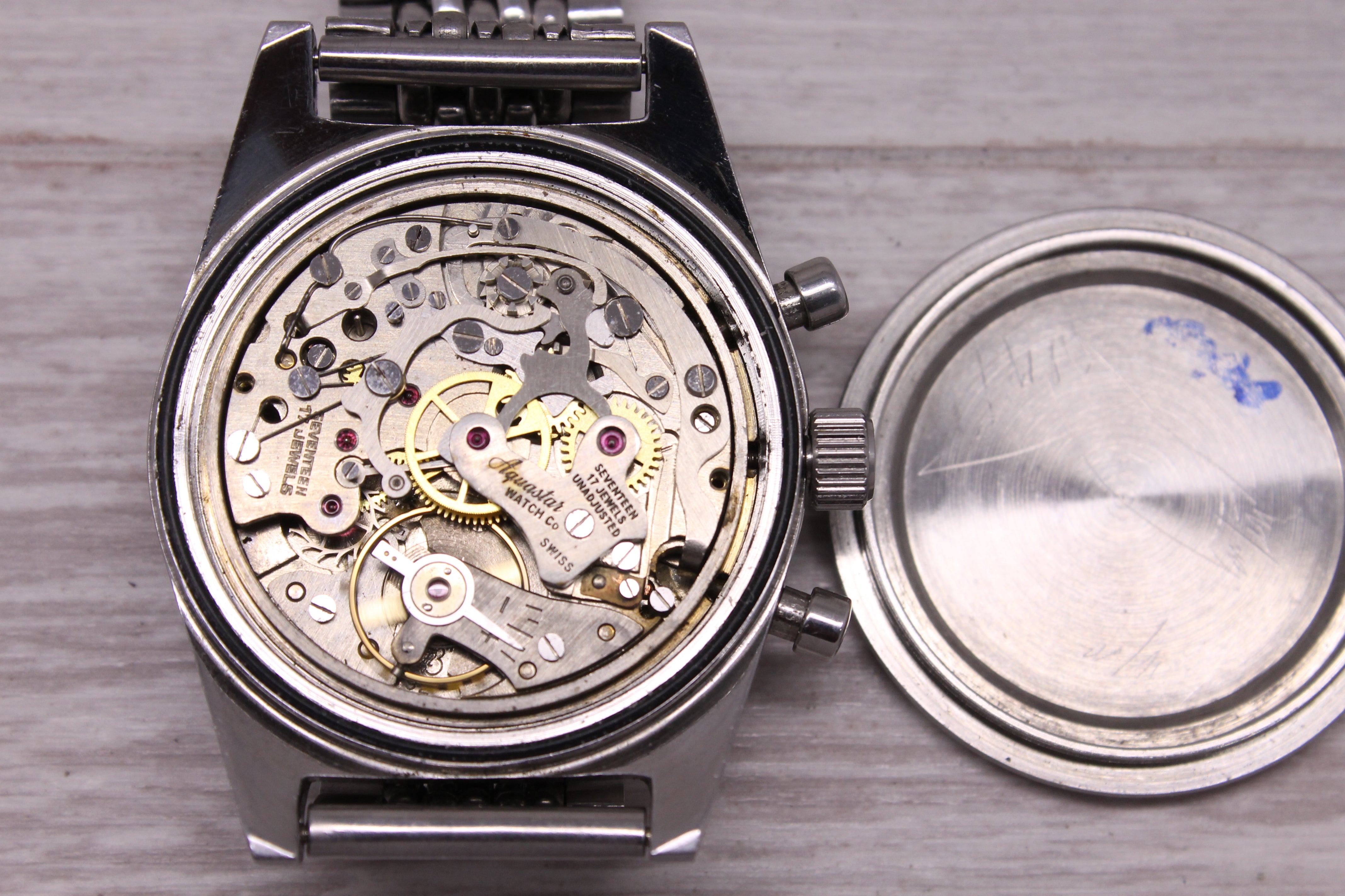 Vintage c.1970 Aquastar Deepstar Mens 38mm Steel Chronograph Watch Valjoux 92