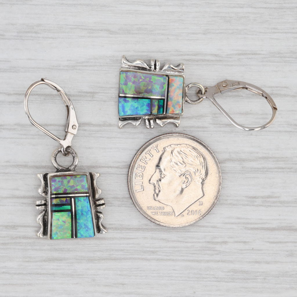 Light Gray Lab Created Blue Green Opal Mosaic Dangle Earrings Sterling Silver 14k Gold