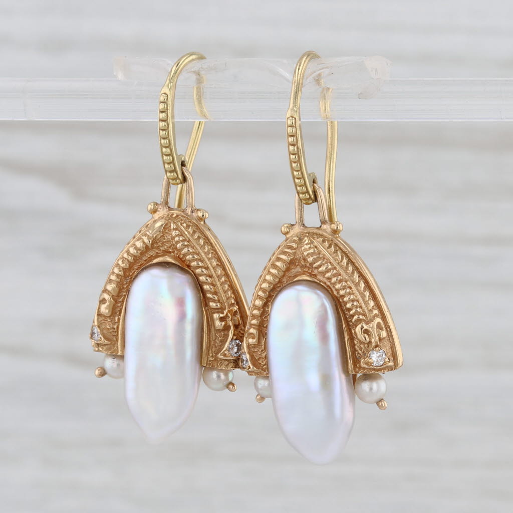 Cultured Baroque Pearl Diamond Dangle Earrings Artisan Signed Hook Posts