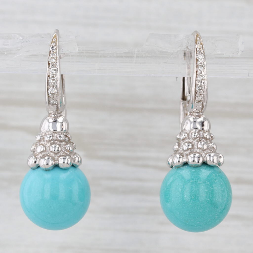 Light Gray Turquoise Bead Drop Earrings 18k White Gold Lever Backs Diamond Accents