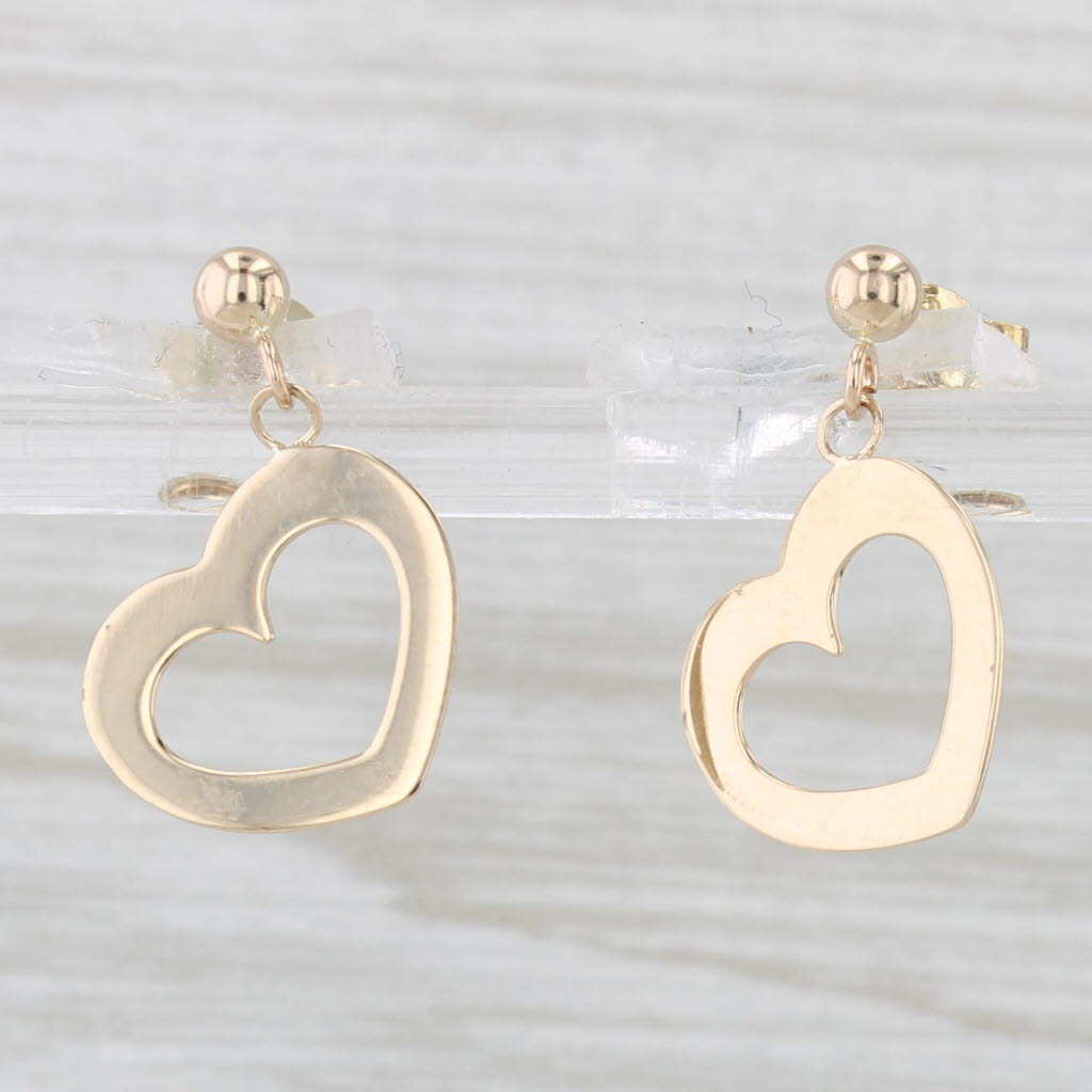 Light Gray Open Heart Dangle Earrings 14k Yellow Gold Drops