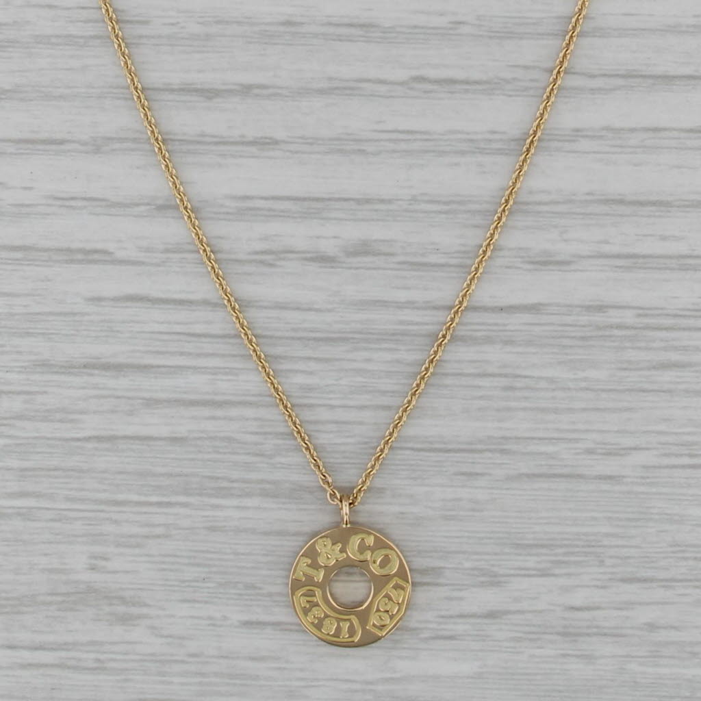 Tiffany & Co 1837 Circle Disc Pendant Necklace w/ Pouch 18k Gold 16