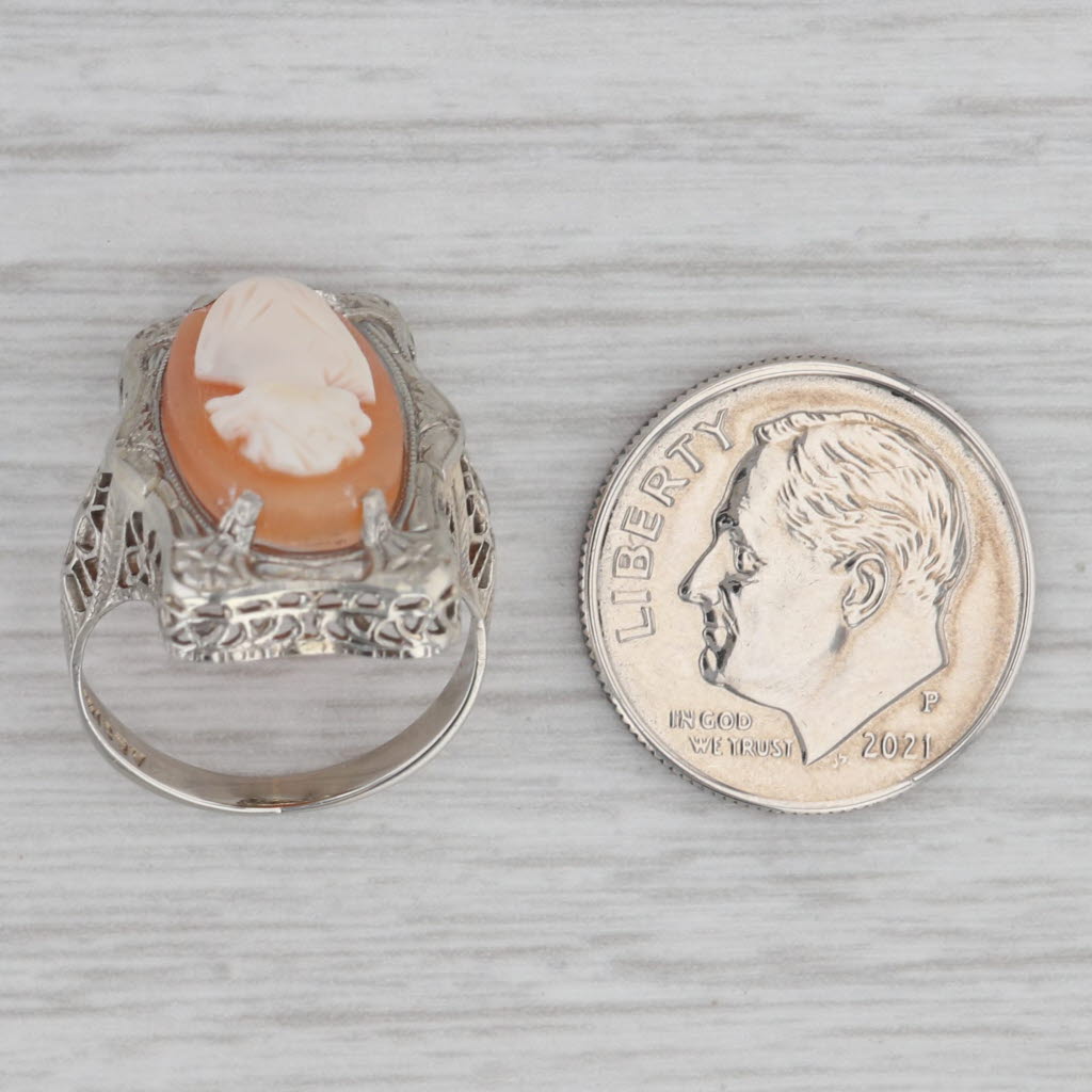 Gray Vintage 14K White Gold Carved Shell Cameo Filigree Size 3.5 Ring