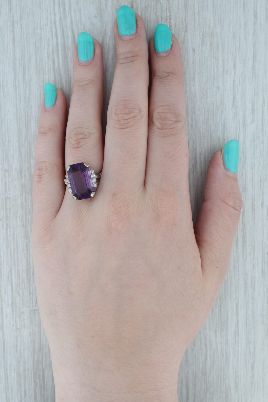 Dark Gray Vintage 10ctw Amethyst Diamond Ring 16k-17k White Gold Size 7.75 Handmade
