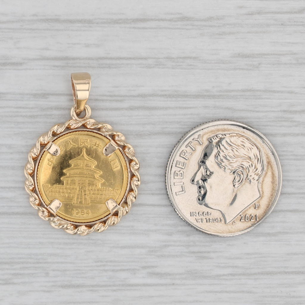 Gray 19844 Chinese Panda Coin Pendant 14k Gold Bezel 999 Coin 1/20oz
