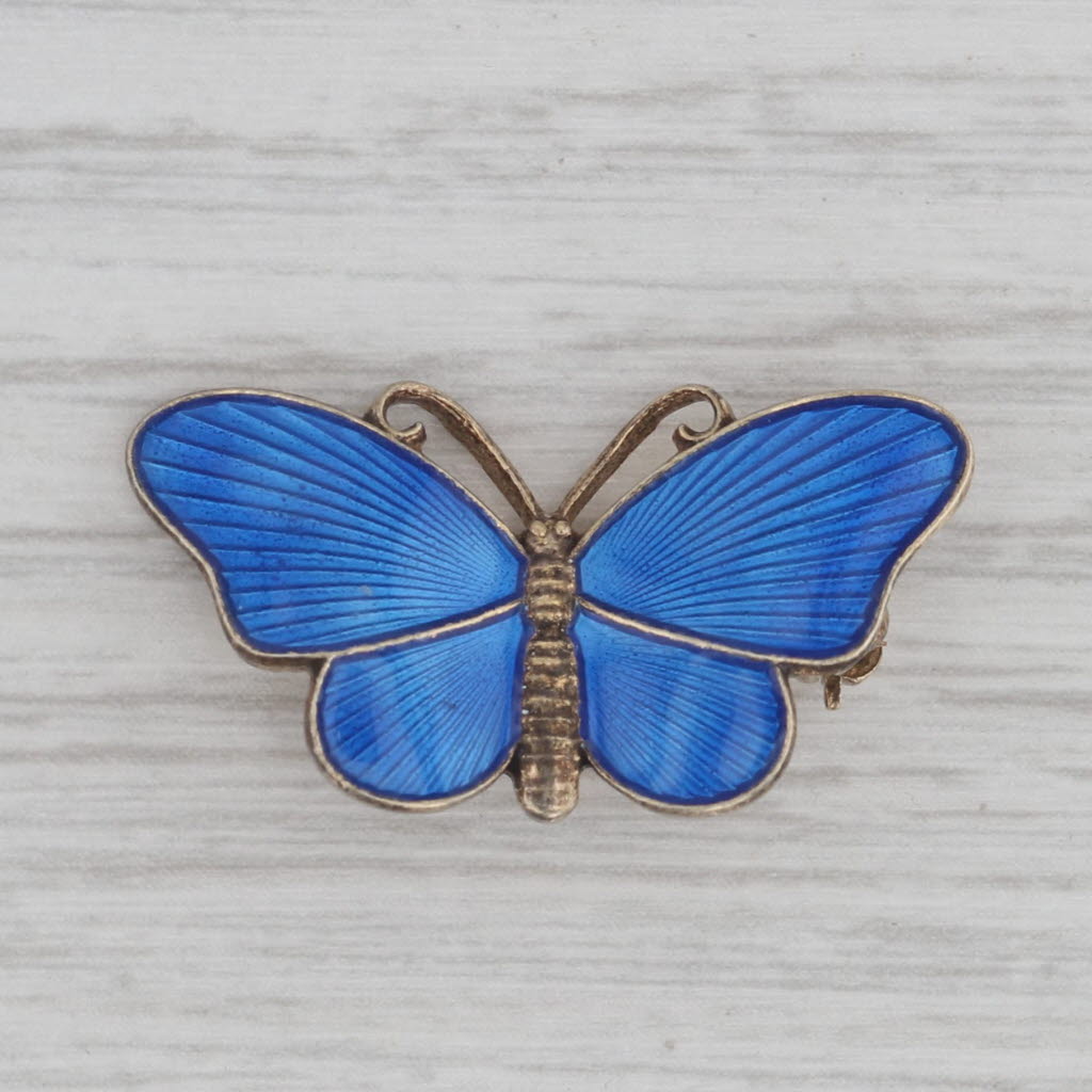 Gray Vintage Guilloche Enamel Butterfly Brooch Sterling Silver Gold Gilt Norway Pin