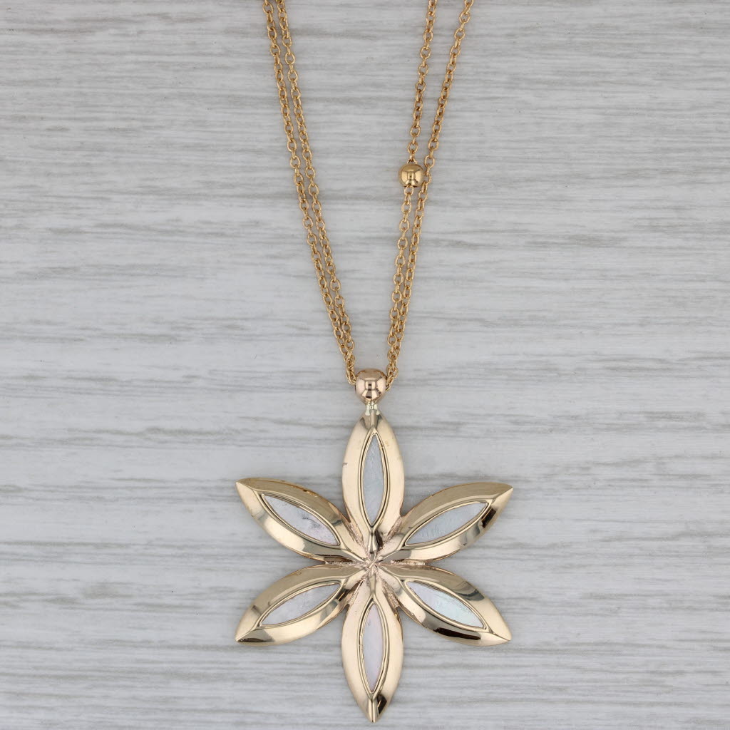 Gray Mother of Pearl Flower Pendant Bead Station Necklace 14k Yellow Gold 16.75"