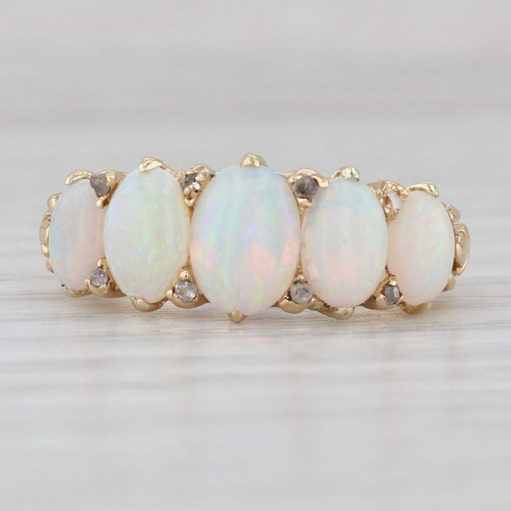 Light Gray Vintage Fiery Opal Cabochons Ring 18k Yellow Gold Diamond Accents Size 4.25