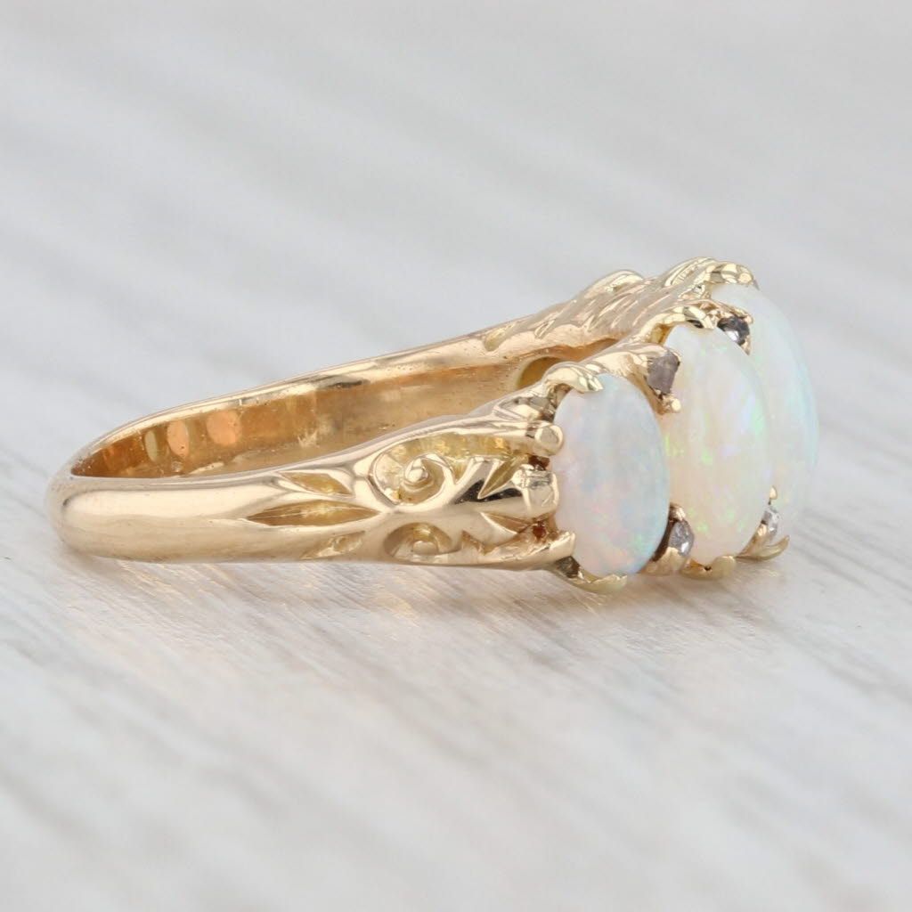 Light Gray Vintage Fiery Opal Cabochons Ring 18k Yellow Gold Diamond Accents Size 4.25