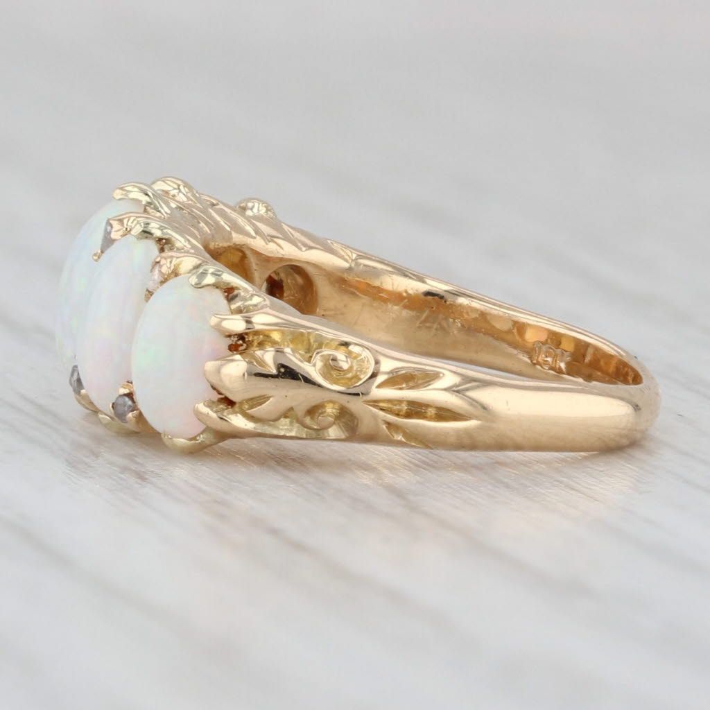 Light Gray Vintage Fiery Opal Cabochons Ring 18k Yellow Gold Diamond Accents Size 4.25